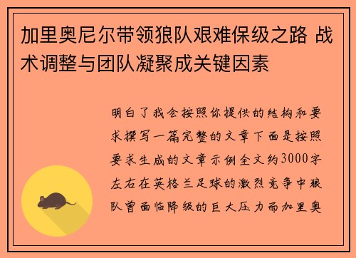 加里奥尼尔带领狼队艰难保级之路 战术调整与团队凝聚成关键因素