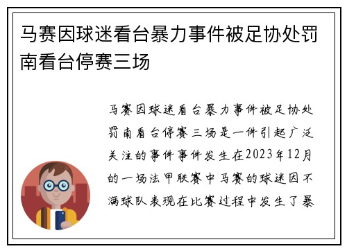 马赛因球迷看台暴力事件被足协处罚南看台停赛三场